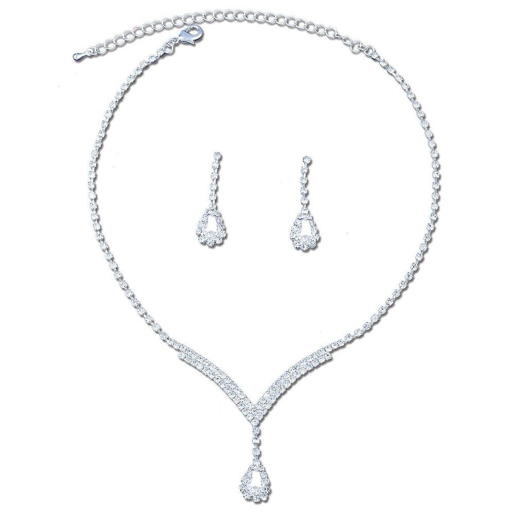 Diacly Y Shape Rhinestone Necklace Set Women OS Silver Clear Bridal Glam NEW